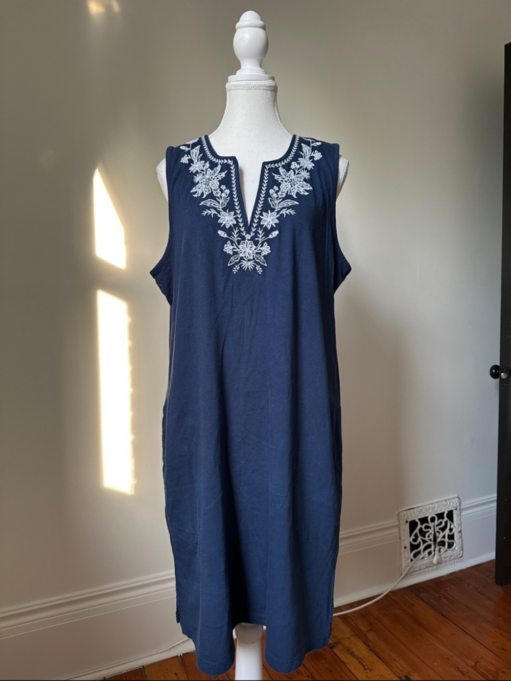 LANDS' END Navy Blue Embroidered 100% Cotton Nautical Shirt Dress Size Large